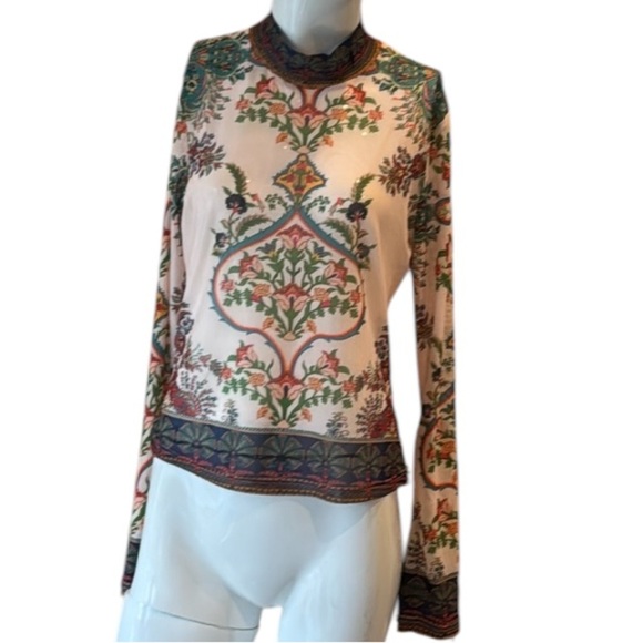 Peach Cream Multi Romantic Floral Mesh Mock Neck Long Sleeve Top Size Large - Picture 10 of 11